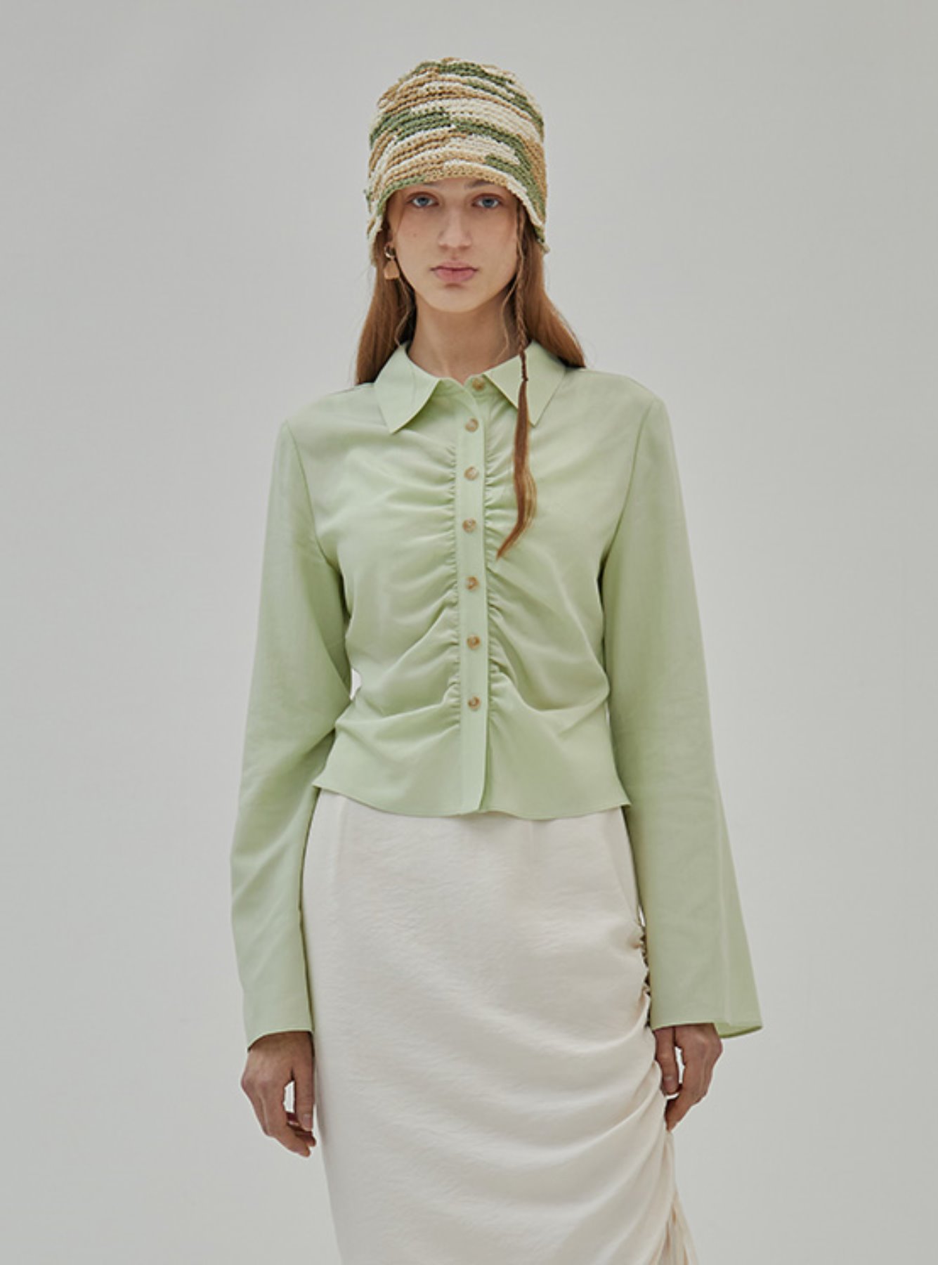 Front Shirring Blouse in Green VW2SB152-32