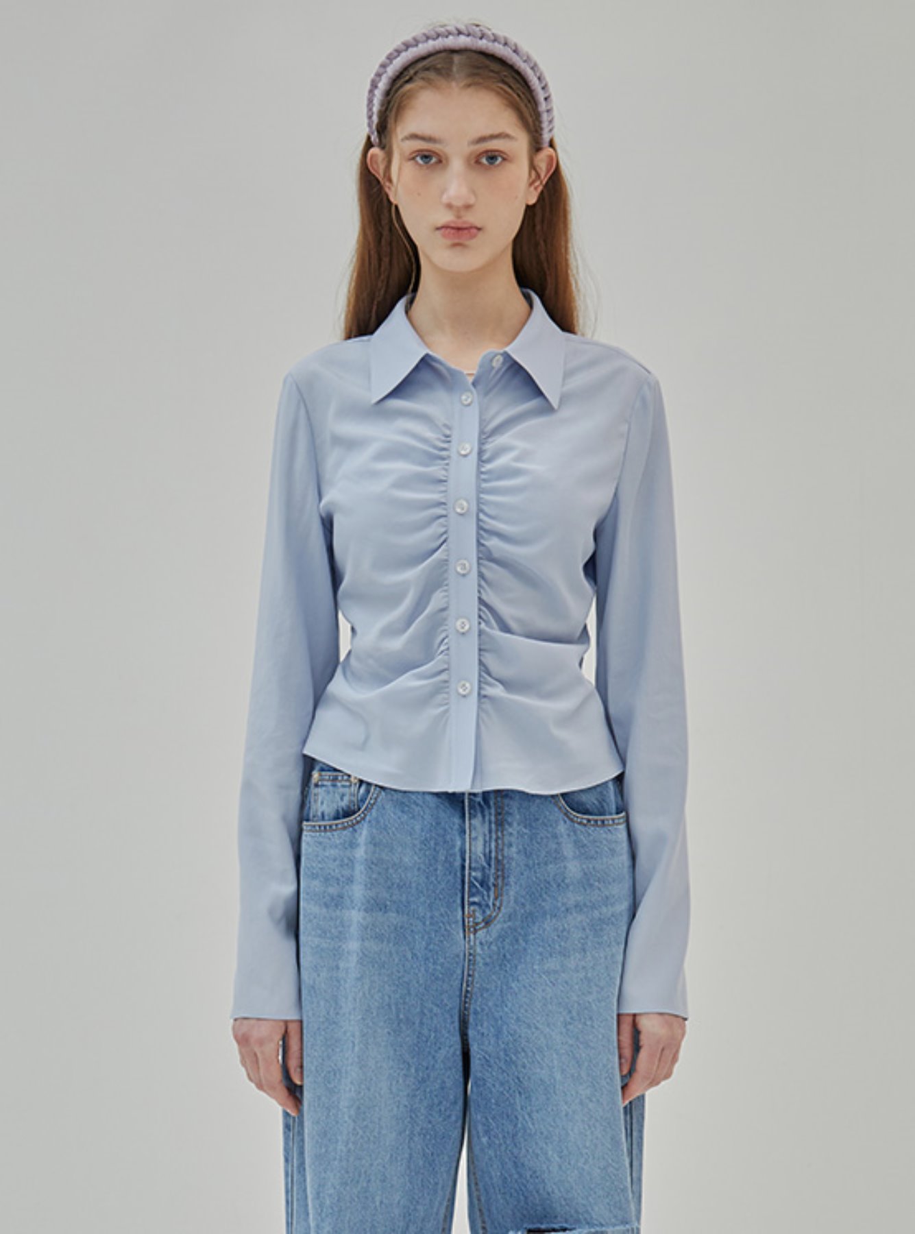 Front Shirring Blouse in Blue VW2SB152-22