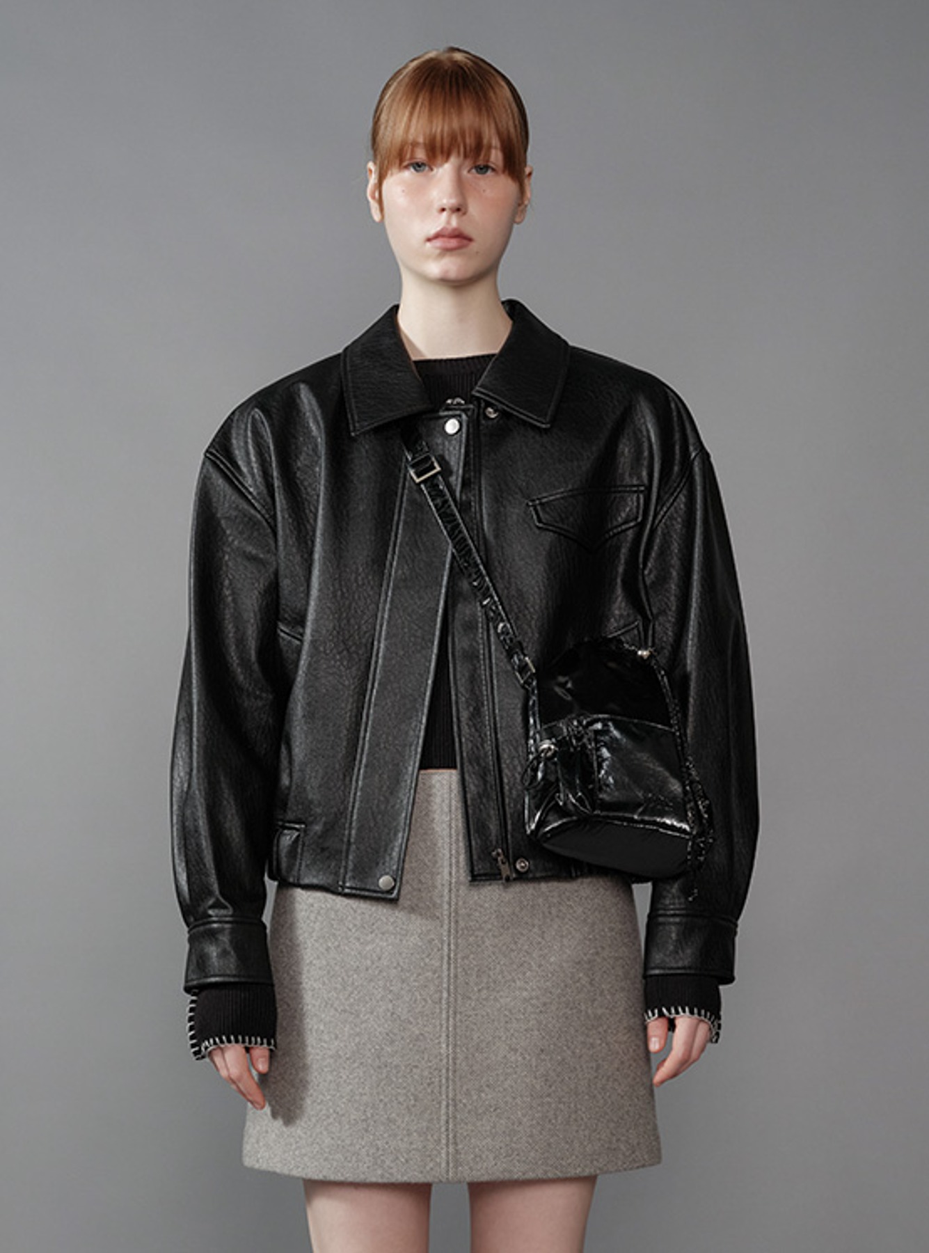 Fake Leather Blouson Jacket in Black VL2AM080-10