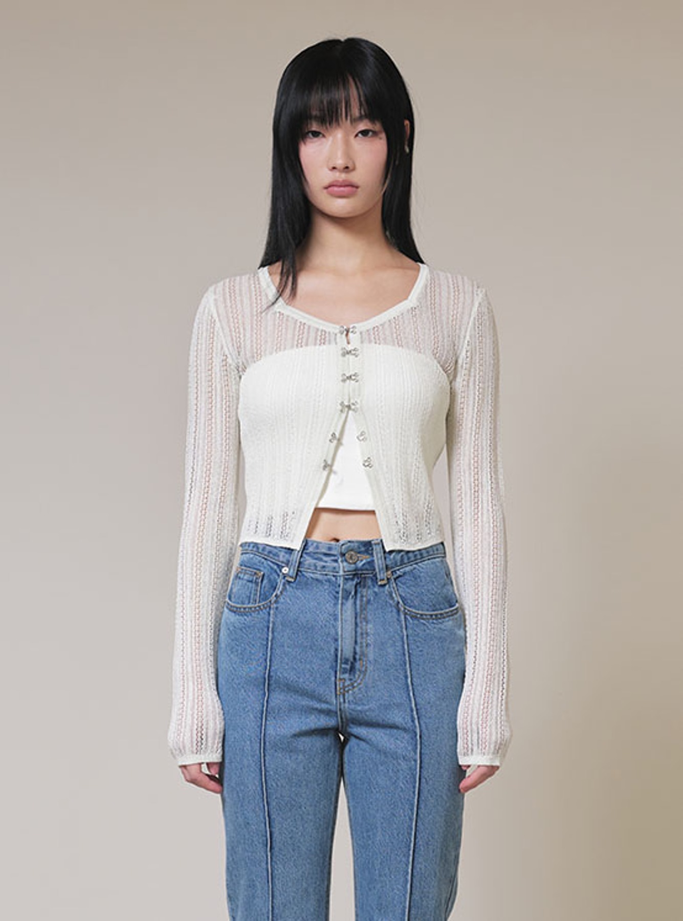 See-through Knit Cardigan in White VK4SD075-01